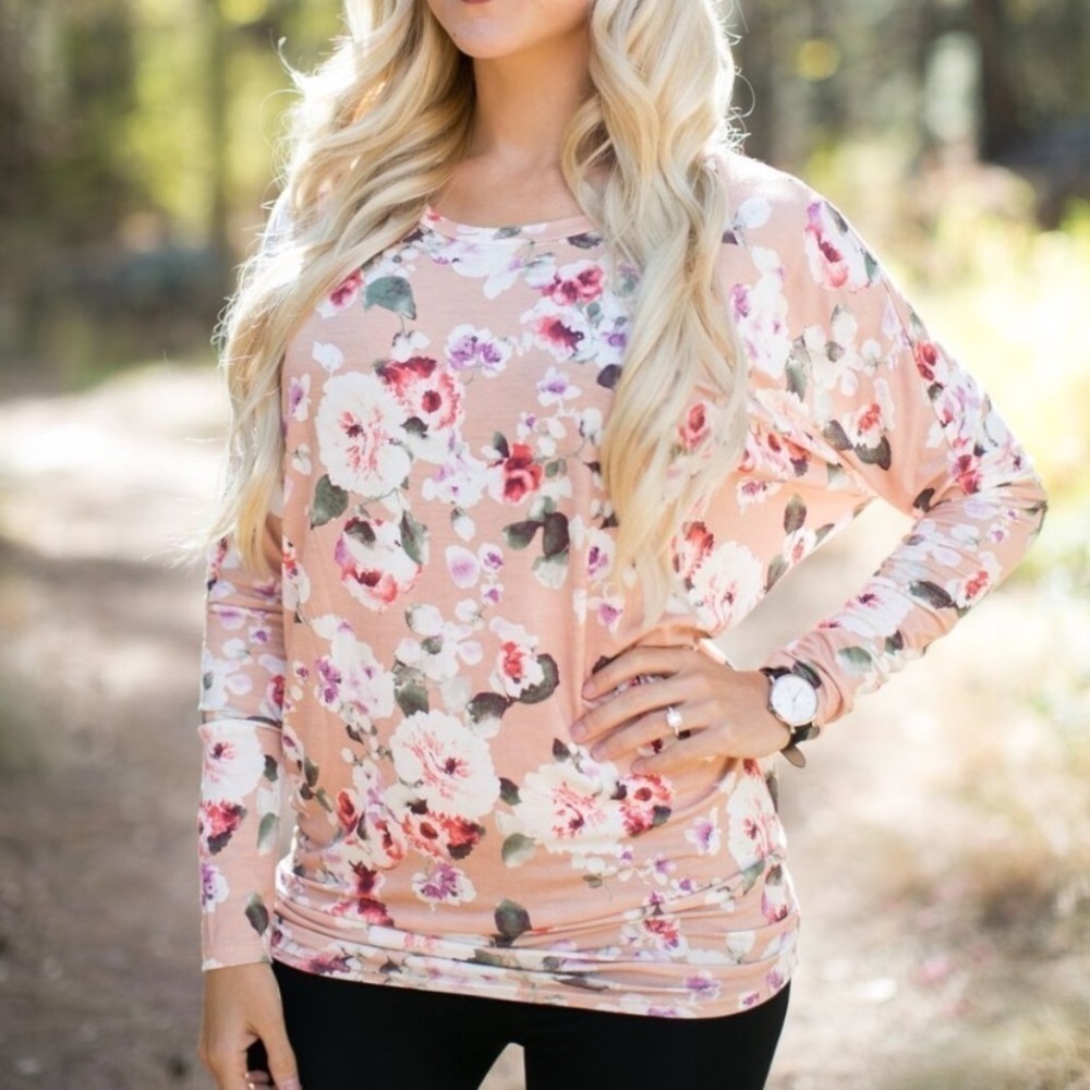 Amelia James New Size S Long Sleeve Blouse Top Super Soft Blush Pink Floral USA